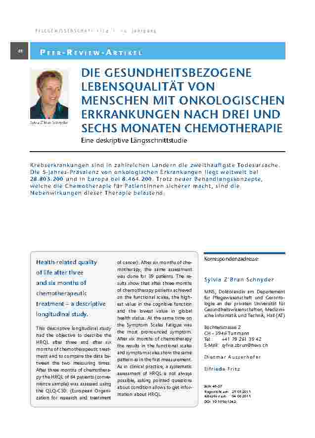 Die gesundheitsbezogene Lebensqualität von Menschen mit onkologischen Erkrankungen nach drei und sechs Monaten Chemotherapie